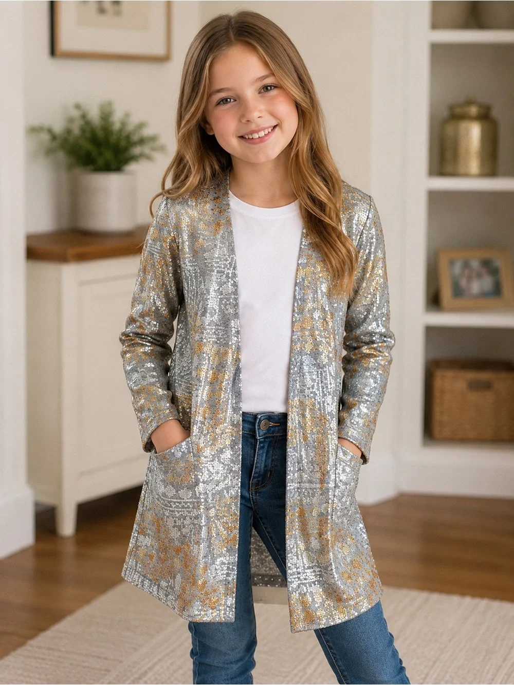 LuLaRoe Soraya Cardigan Size 8 Gold Silver Metallic Sparkle Pockets Discontinued